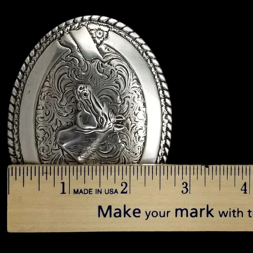 Crumrine Oval Silver Tone Horse Western Cowboy‎ Belt Buckle Ornate Scrollwork